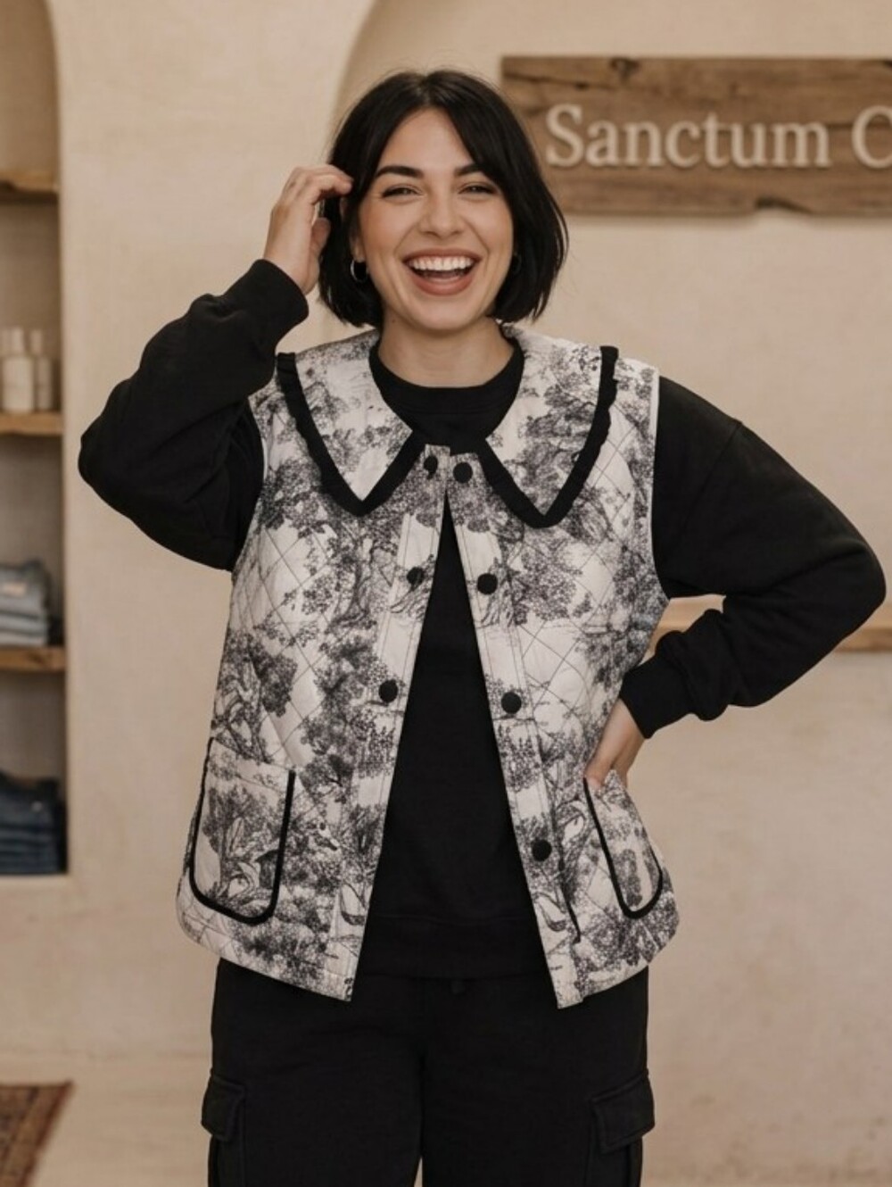 Umgee Toile Print Quilted Peter Pan Collar Vest